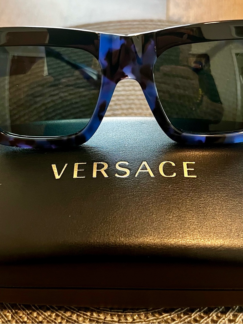 Versace Men’s Blue and Black Rectangular Sunglasses